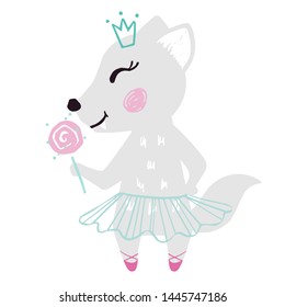 Wolf baby girl, cute summer print. Sweet she-wolf Sweet bear with sweet lollipop, ballet tutu. Cool animal illustration for nursery t-shirt, kids apparel, birthday card, invitation. Simple girly design