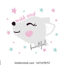 Wolf baby girl face cute print. Sweet she-wolf head with wild and beautiful slogan. Star background. Cool animal illustration for nursery t-shirt, kids apparel, birthday card, invitation. Girly design
