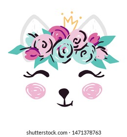 Wolf baby girl face cute print. Sweet she-wolf princess head with flower and crown. Cool animal illustration for nursery, t-shirt, kids apparel, birthday card, invitation. Simple girly child design