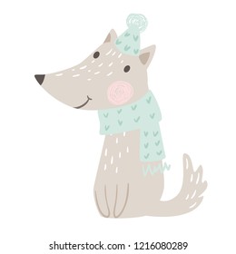 Wolf baby winter print. Cute animal in warm scarf and hat christmas card. Cool illustration for nursery, t-shirt, kids apparel, party and baby shower invitation. Simple scandinavian child design.
