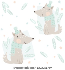 Wolf baby winter seamless pattern. Cute animal in warm scarf Christmas background. Design for nursery, t-shirt, kids apparel, wrapping paper, fabric, New year textile. Scandinavian child design