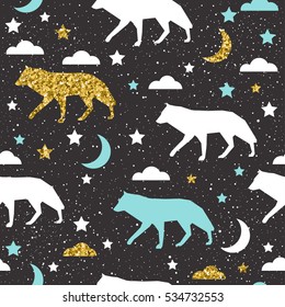 wolf background. Gold, blue and white abstract wolf for card, invitation, album, scrapbook, holiday wrapping paper, textile fabric, garment etc. Forest wild animal theme. Gold texture.