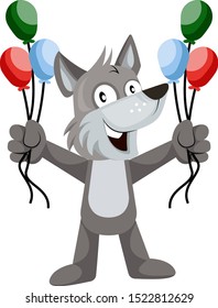 Lobo con globos, ilustración, vector sobre fondo blanco.