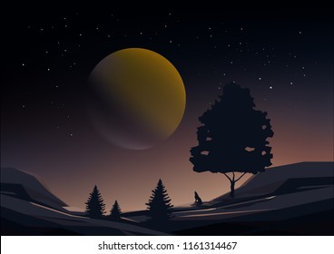 Wolf barking in the full moon night.Vector illustration