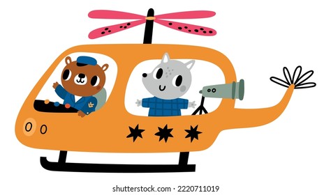 Wolf and bear in helicopter. Cute cartoon animal pilot