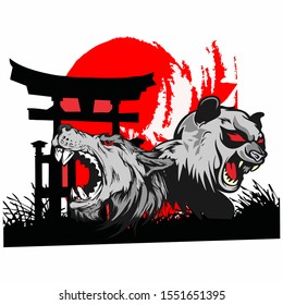 wolf and bear in a Japanese frame