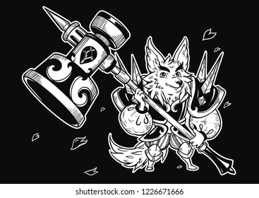 Wolf and big hammer. Vector isolated illustration. Fantasy, stickers, coloring books.