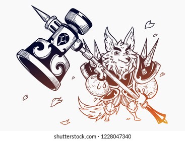Wolf and big hammer. Vector isolated illustration. Fantasy, stickers, coloring books.