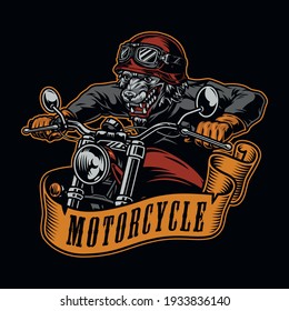 Wolf biker vintage colorful badge with ferocious animal riding motorbike on dark background isolated vector illustration