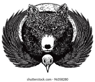 A Wolf and a bird are bound to the moon. After the large format hand drawing, there has been added more detail with fine lines. All elements are on separate layers.