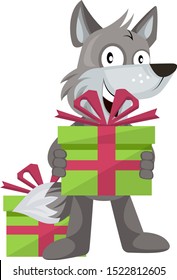 Wolf with birthday present, illustration, vector on white background.