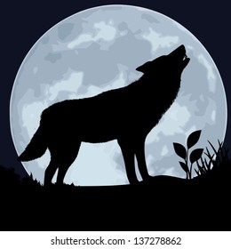 Wolf. The black silhouette of a wolf on a background of the moon. The wolf howls. Vector illustration. 