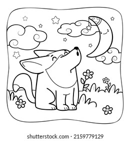 Wolf black and white. Coloring book or Coloring page for kids. Nature background vector illustration