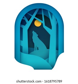 Wolf in blue night forest. Paper cut trendy craft cartoon style. Minimalistic creative modern design for advertising, branding background greeting card, cover, poster, banner. Vector illustration.