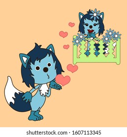 wolf with blue wool in love and sends a kiss his girlfriend which stands on the balcony, Valentine`s Day vector greeting card on pink isolated background with hearts