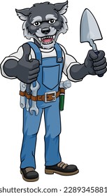 A wolf bricklayer builder construction worker mascot cartoon character holding a trowel tool and giving a thumbs up