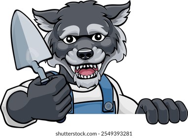 Um pedreiro de lobo construtor de construção operário mascote personagem de desenho animado segurando uma ferramenta de troalha e espiando em torno de um sinal