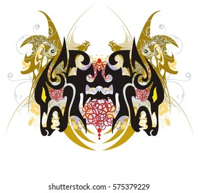 Wolf butterfly splashes with gold winged dragons. Grunge double wolf heads with twirled floral splashes and colorful drops