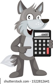 Wolf with calculator, illustration, vector on white background.
