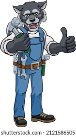 A wolf cartoon animal mascot carpenter or handyman builder construction maintenance contractor holding a hammer and giving a thumbs up