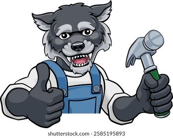 A wolf cartoon animal mascot carpenter or handyman builder construction maintenance contractor peeking around a sign holding a hammer 