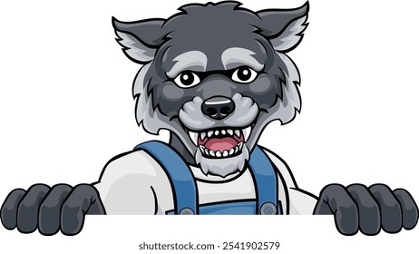 A wolf cartoon animal mascot gardener, carpenter, handyman, decorator or builder construction worker peeking around a sign