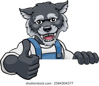 A wolf cartoon animal mascot gardener, carpenter, handyman, decorator or builder construction worker peeking around a sign and giving a thumbs up