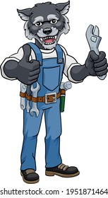 A wolf cartoon animal mascot plumber, mechanic or handyman builder construction maintenance contractor holding a spanner or wrench and giving a thumbs up
