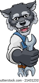 A wolf cartoon animal mascot plumber, mechanic or handyman builder construction maintenance contractor peeking around a sign holding a spanner or wrench