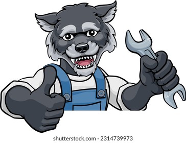 Un fontanero de caricatura de lobo, fontanero de mascota animal, mecánico o artesano contratista de mantenimiento de la construcción, mirando alrededor de un cartel que sostiene una llave o una llave y que da un pulgar hacia arriba