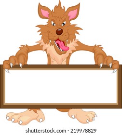 wolf cartoon and blank sign