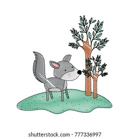 wolf cartoon in forest next to the trees in colored crayon silhouette