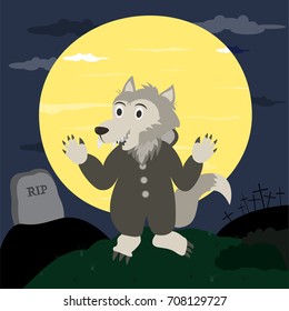 wolf cartoon halloween cute. children's pajamas concept. Halloween night background with full Moon. illustration ,vector