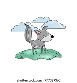 wolf cartoon in outdoor scene with clouds in colored crayon silhouette with thin contour