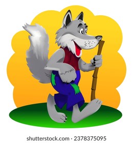 Wolf in cartoon style. Cheerful Wolf. A beautiful drawing of the Wolf for children. Vector illustration.