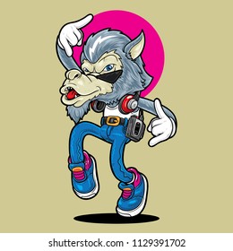 Wolf cartoon wearing walkman dancing,
