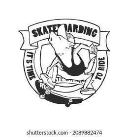 The wolf character jumps on a skateboard. Sports logo for T-shirt design. Black and white vintage vector illustration