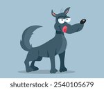 
Wolf Character Licking his Lips Feeling Hungry Vector Cartoon. Classical fairy-tale villain beast isolated on blue background 
