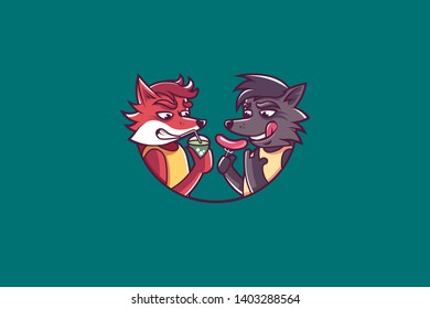 wolf character with sausage. the wolf eats sausage. chanterelle drinking juice.
