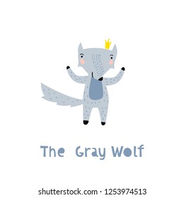 Wolf Character Staying with Crown. An Animal in Cute Trendy Modern Cartoon Childish Style. Perfect for Print, Web, App or Any Digital Design Manipulation.