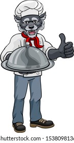 A wolf chef mascot cartoon character holding a silver platter cloche dome of food and giving a thumbs up