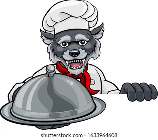A wolf chef mascot cartoon character holding a silver platter cloche dome of food peeking round a sign