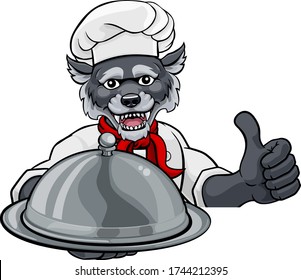 A wolf chef mascot cartoon character holding a silver platter cloche dome of food peeking round a sign and giving athumbs up