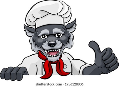 A wolf chef mascot cartoon character peeking round a sign and giving a thumbs up