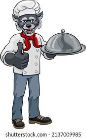 Caricatura de caricatura de mascota de un lobo de lobo sosteniendo una cúpula de platería de plata y dando un pulgar hacia arriba