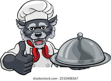 A wolf chef mascot cartoon character holding a silver platter cloche dome of food peeking round a sign and giving athumbs up