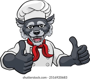 Un personaje de dibujos animados de la mascota del chef del lobo que asoma alrededor de un cartel y que da un pulgar para arriba