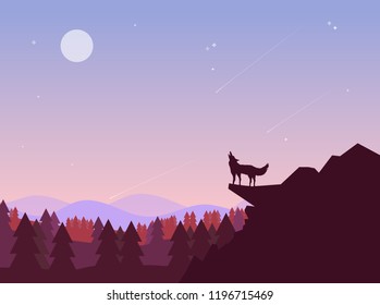 Wolf at a cliff near the forest. Vector illustration