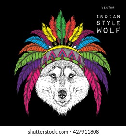 Wolf in the colorful Indian roach. Feather headdress of eagle. Hand draw vector illustration