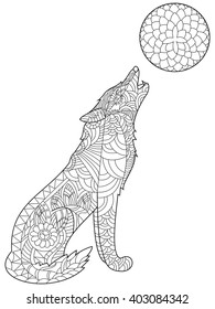 Wolf coloring book for adults vector illustration. Anti-stress coloring for adult. Zentangle style. Black and white lines. Lace pattern svg